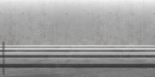 Abstract empty, modern concrete room with indirect lighting from top, wide stairs and rough floor - industrial interior background template