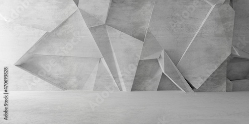 Abstract empty, modern concrete room with abstract random polygon triangle wall, indirect lighting from left side wall and rough floor - industrial interior background template