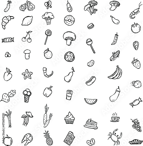 big set of food icons. icons of seafood, mushrooms, sweets, vegetables and fruits. vector food icons