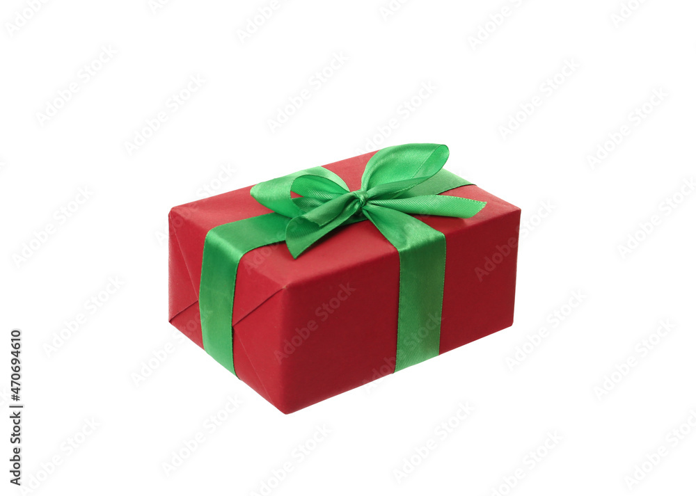 Red gift box with green bow isolated on white Red gift box with green bow isolated on white
