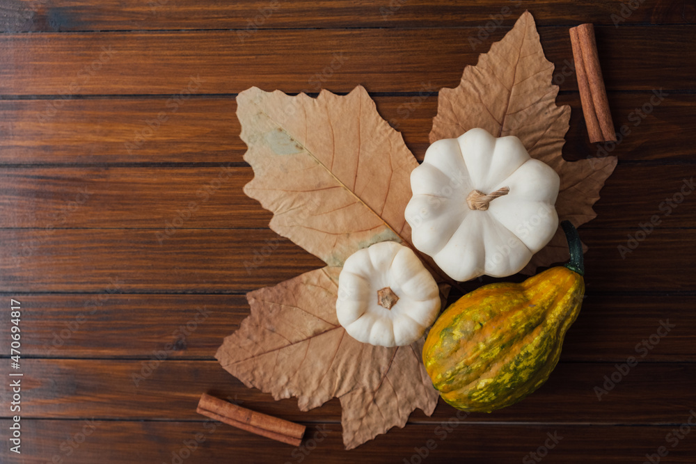 Autumn flat lay with yellow gourds, white mini pumpkins, dry maple leaf, cinnamon sticks on wooden rustic background. Copy space for text. Thanksgiving table decorations. Autumn flat lay with yellow gourds, white mini pumpkins, dry maple leaf, cinnamon sticks on wooden rustic background. Copy space for text. Thanksgiving table decorations.