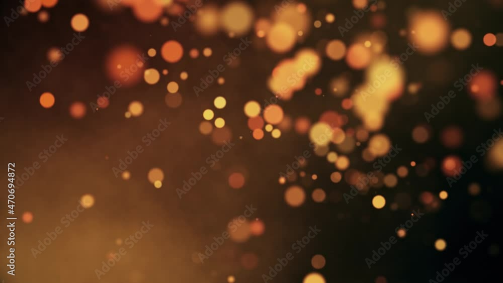 Abstract looping motion background with flying particles. Animated overlay with bokeh golden lights, seamless loop.