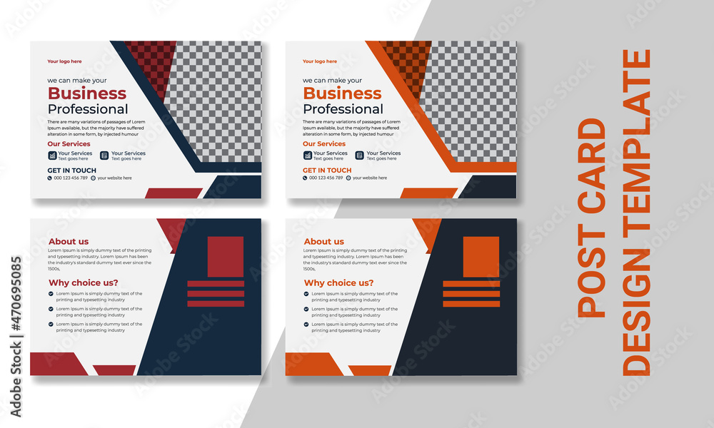 Corporate postcard design template design. Red, orange, and dark blue dark. 