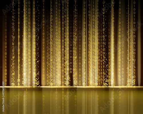 Technology Binary abstract background, matrix style, gold color, falling numbers. Digital binary data flow dust on screen. Programming concept, secure data, hacking, piracy, technology, internet