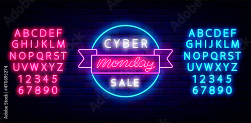 Cyber monday sale retro neon emblem. Luminous signboard with alphabet. Isolated vector stock illustration