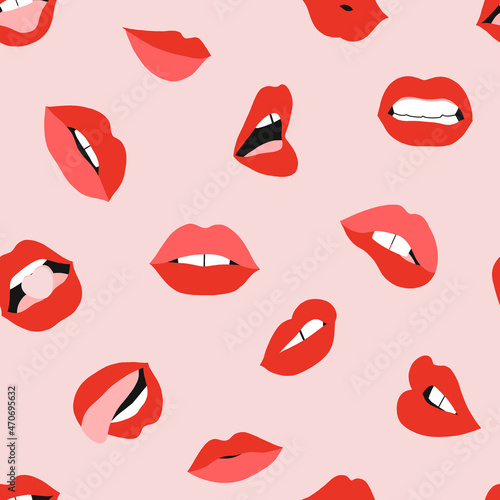 Feminine cheeky lips red lipstick make up vector seamless pattern. Sassy girl power background. Red Pink aesthetic girlish backdrop. Women fashion design.