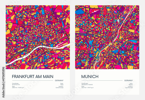 Color detailed road map, urban street plan city Frankfurt am Main and Munich with colorful neighborhoods and districts, Travel vector poster