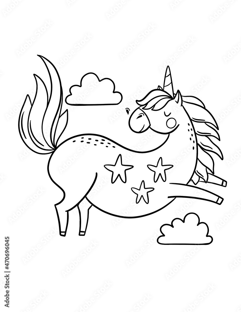 Cartoon unicorn kids illustration. Hand drawn illustration for coloring ...