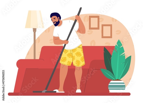Man washing floor with mop, vector illustration. Housework, house cleaning, housekeeping, household chores.