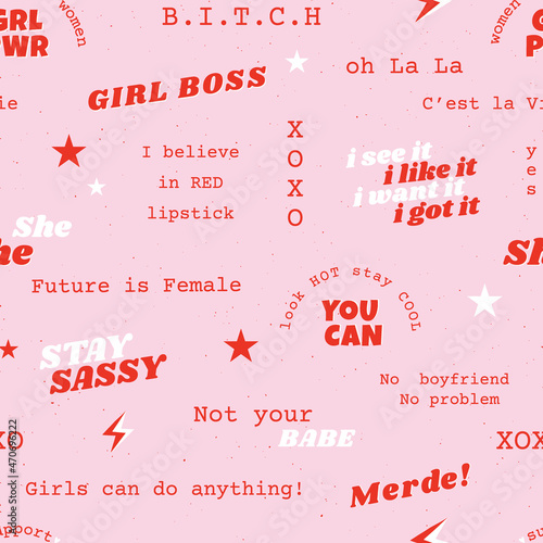 Sassy girl quotes vector seamless pattern. Woman power typography background. Red Pink aesthetic feminine text backdrop. Women International Day design.