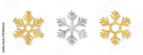Snowflakes with glitters and luxury texture. Golden and silver snowflakes for Christmas decoration