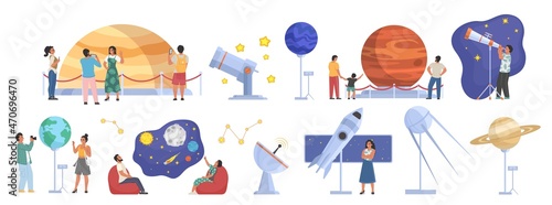 Planetarium, space museum scenes. People looking at sky, planets, stars, celestial bodies, listening to guide, vector.
