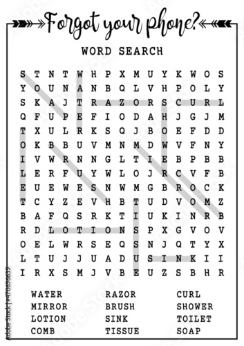 Forgot your phone, bathroom word search puzzle. Crossword game.  Printable funny bathroom sign, poster, decor for wall,  house warming present. for the guest bathroom, office bathroom, restaurant. 