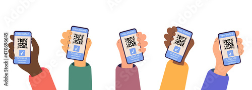 A group of hands shows a Mobile phone with a Travel Bubble International Worldwide vaccination passport on a smartphone using covid-19 for digital health assurance Coronavirus immunization vaccination
