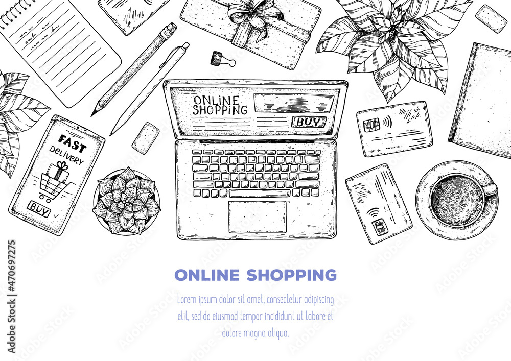Online shopping frame. Hand drawn vector illustration. E-commerce ...
