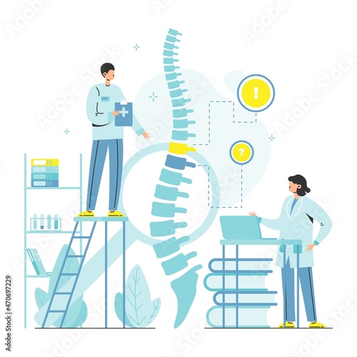 Doctor osteopath male female characters examining human spine skeleton. Osteopathy, chiropractic. Manual therapy, vector