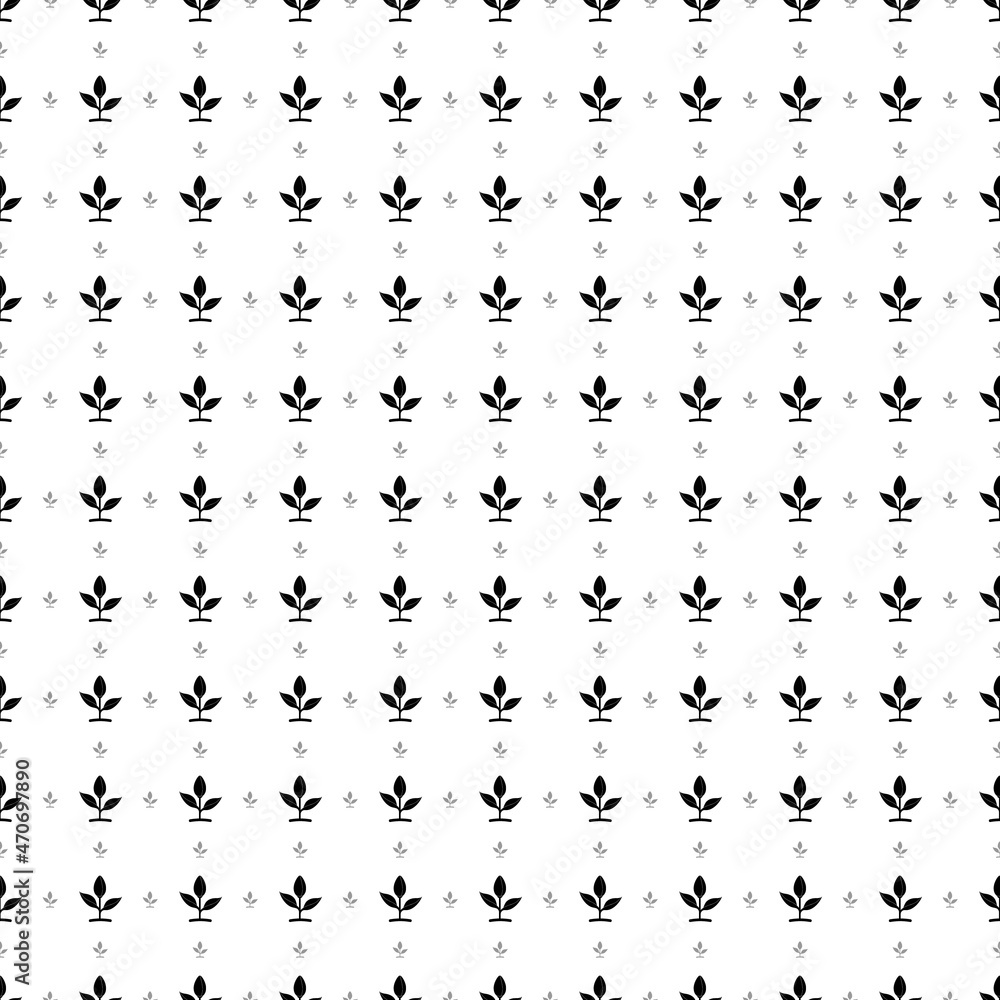 Square seamless background pattern from black sprout symbols are different sizes and opacity. The pattern is evenly filled. Vector illustration on white background