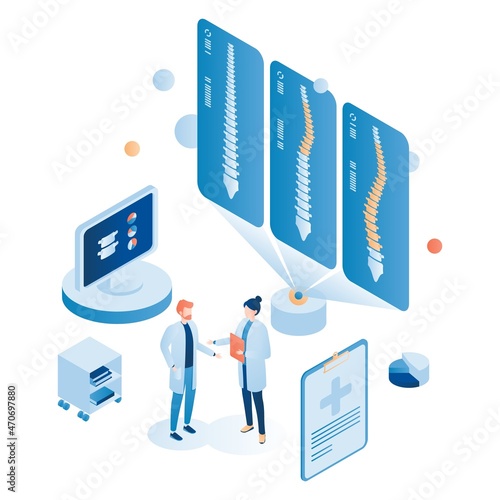 Doctor osteopath studying back pain, examining spine bones, vector isometric illustration. Osteopathy, chiropractic.