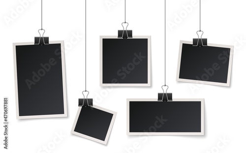 Frames hang on clips. Picture hanging, photos frame on string. Blank realistic photography template, isolated memories elements exact vector concept