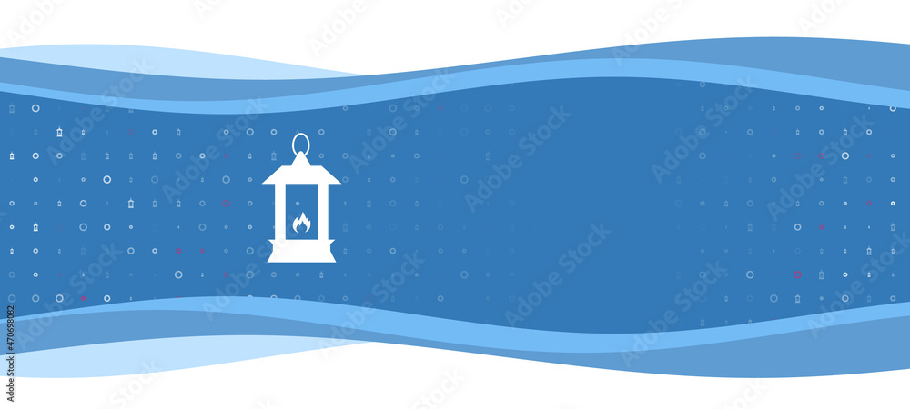Naklejka premium Blue wavy banner with a white Christmas lantern symbol on the left. On the background there are small white shapes, some are highlighted in red. There is an empty space for text on the right side