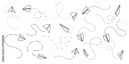 Paper airplane. Fly plane  flight dotted routes and line aircraft toy. Isolated abstract flying  travel or logistic trip. Conceptual aviation recent vector symbols