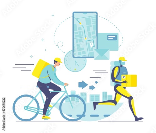 Robot courier with parcel running ahead of delivery man riding bike. Robots superiority. AI vs human, vector.