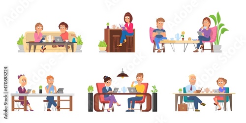 Cartoon people in cafe. Meeting in restaurant  girlfriend eat at table with friend. Drink time  office dinner. Business partners lunch decent vector scenes