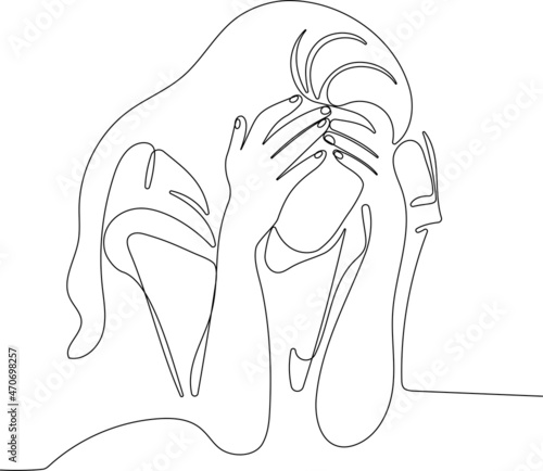 Exhausted frustrated young woman touching forehead, sitting on couch alone, suffering from strong headache or migraine, worried girl thinking about problems . Vector illustration