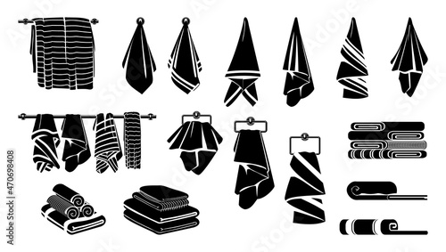 Towels silhouettes. Black towel rolls, bathroom beach or kitchen textile icons. Flat fabric for home, isolated folded cloth decent vector set