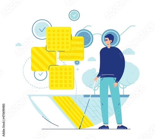 Blind man with cane crossing road at crosswalk with tactile warning tiles. Barrier free environment, vector illustration