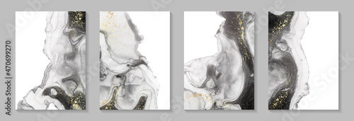 Modern watercolor background or elegant card design for birthday invite or wedding or menu with abstract black ink waves and golden splashes.