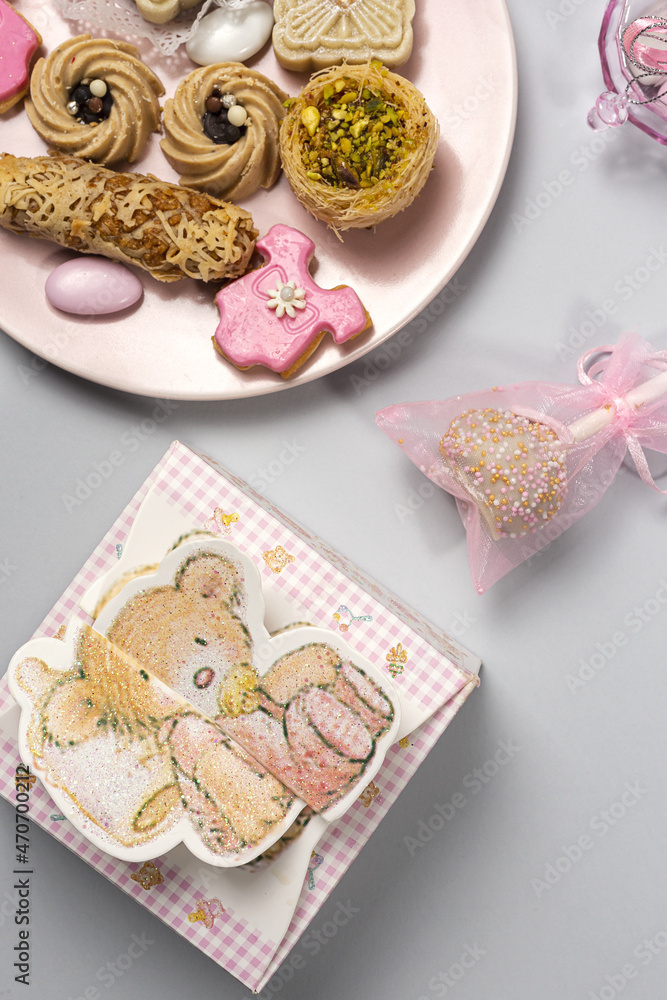 Candy for baby party with candies and cakes