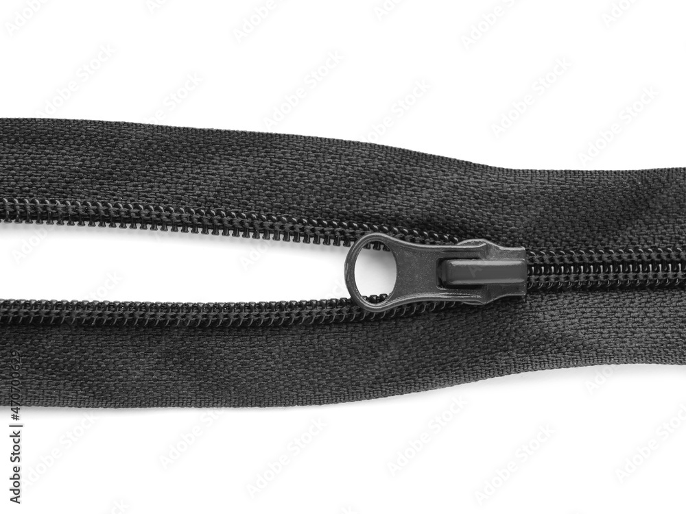 Black zipper on white background, top view Black zipper on white background, top view