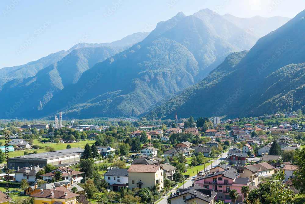 Valle Ossola and the town of Pieve Vergonte, Piedmont region, northern Italy. Aerial view