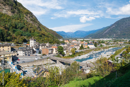 Valle Ossola and the town of Piedimulera, Piedmont region, northern Italy. Aerial view with the Anza river. View towards Villadossola town photo