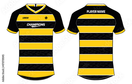 Sports jersey t shirt design concept vector template, Horizontal Stripe V neck raglan sleeve Football jersey concept with front and back view for Soccer, Cricket, Volleyball, Rugby, badminton uniform