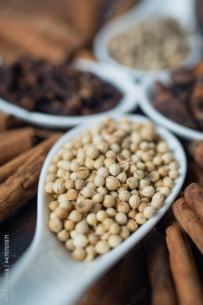 Spices and hebs ingredients, such as coriander, star anise, clove, cinnamon and pepper. Coriander in close up Spices and hebs ingredients, such as coriander, star anise, clove, cinnamon and pepper. Coriander in close up