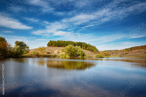 Fototapeta Naklejka Na Ścianę i Meble -  Lake with sky reflection in water. Landscape