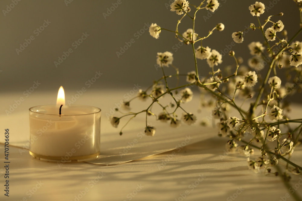 Burning candle and gypsophila flower branch. Selective soft focus. Minimalist still life. Evening Light and shadow nature horizontal background. Burning candle and gypsophila flower branch. Selective soft focus. Minimalist still life. Evening Light and shadow nature horizontal background.