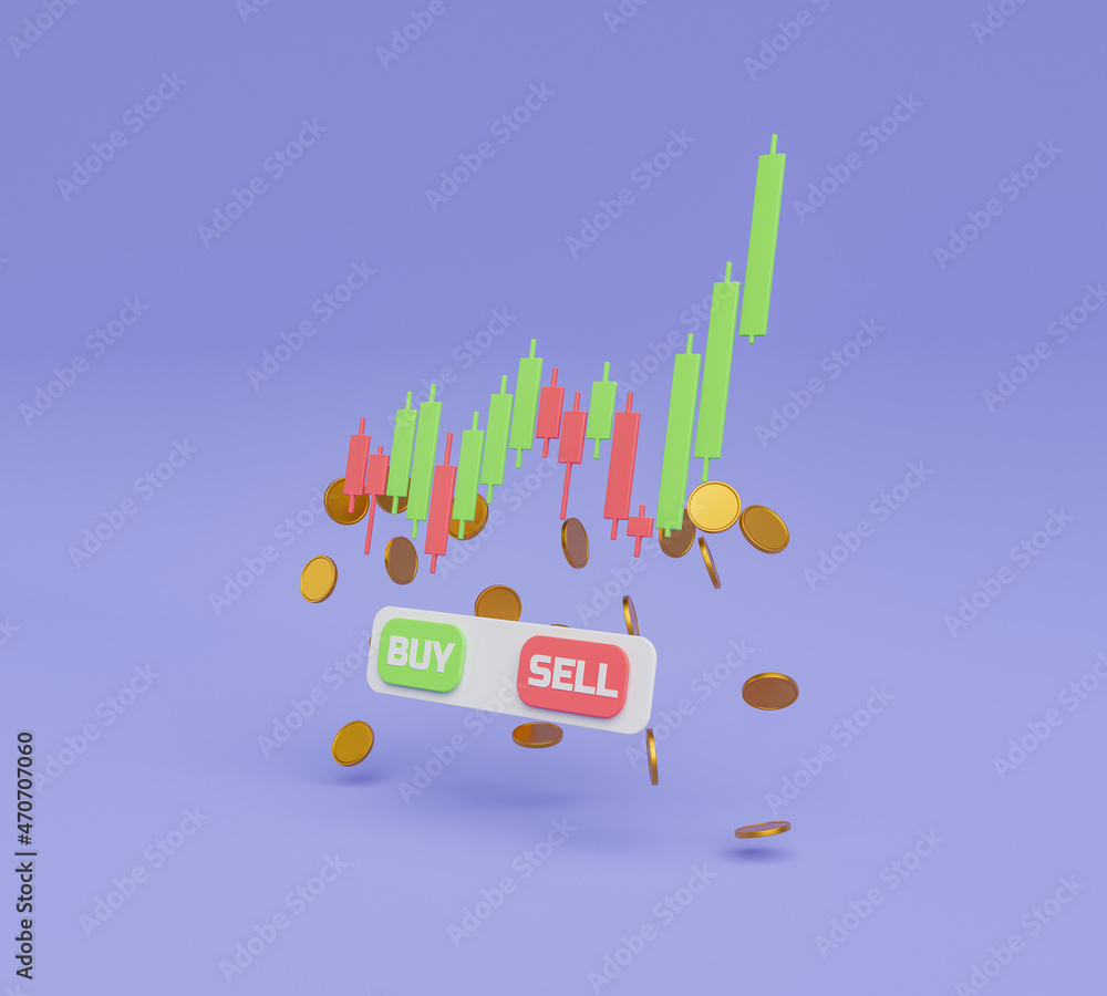candlestick chart with coins around and buy and sell buttons Stock