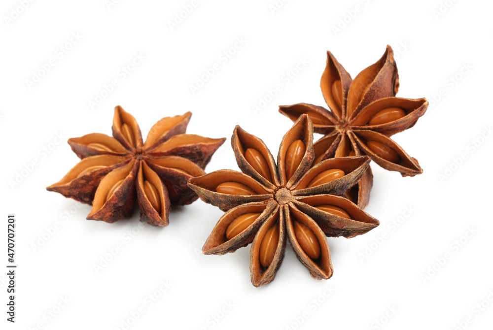 Dry anise stars with seeds on white background Dry anise stars with seeds on white background