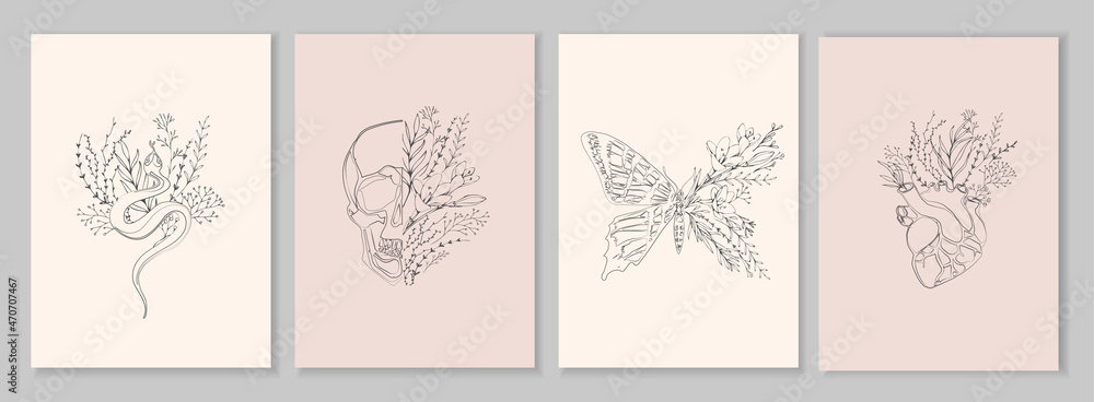 Half shape butterfly and skull, heart and snake with branch and flowers for tattoo t-shirt print or wall art. Hand drawn wedding herb. Botanical rustic trendy greenery. Vector Half shape butterfly and skull, heart and snake with branch and flowers for tattoo t-shirt print or wall art. Hand drawn wedding herb. Botanical rustic trendy greenery. Vector