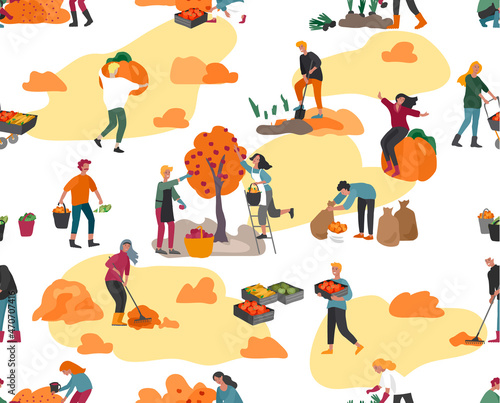 Vector seamless pattern with people gathering crops or seasonal harvest, collecting ripe vegetables, picking fruits and berries, remove leaves. Men, women work on a farm. Cartoon © merfin