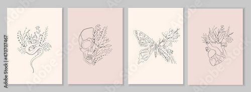 Half shape butterfly and skull, heart and snake with branch and flowers for tattoo t-shirt print or wall art. Hand drawn wedding herb. Botanical rustic trendy greenery. Vector