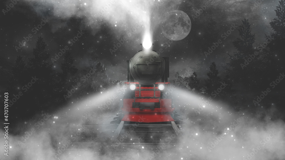 Night fantasy forest landscape with train. Night polar express train. Cold night landscape, smoke, smog, fog on the railroad. 3D illustration. 