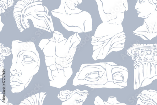 Vector seamless pattern with antique marble statues with broken elements. Greek classic ancient of Venus, amphora. Hand drawn mythical trendy vector