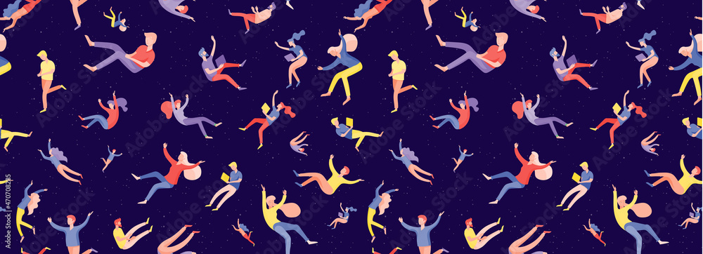 Vector seamless pattern with inspired People flying in space and interacting with gadgets and papers. Characters set moving and floating in dreams, imagination and inspiration. Vector