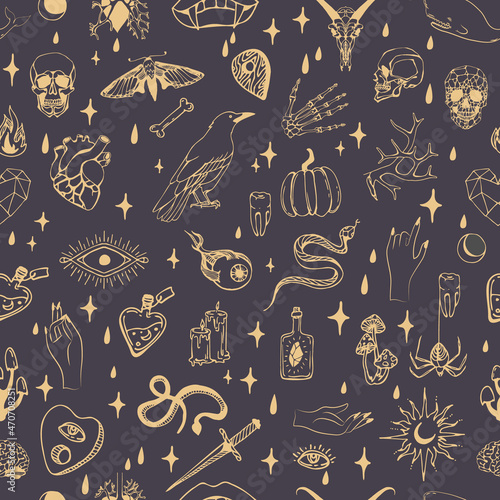 Vector seamless pattern with boho hand drawn mystical or magic esoteric doodle elements and logo icons with hands, raven dagger. Black outline style. Abstract vector