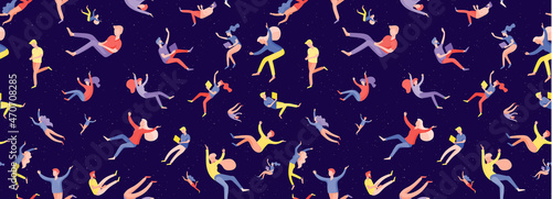 Vector seamless pattern with inspired People flying in space and interacting with gadgets and papers. Characters set moving and floating in dreams, imagination and inspiration. Vector