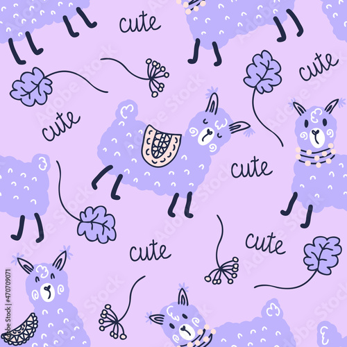 Doodle seamless pattern with lamas and text cute. Perfect for T-shirt, textile and print. Hand drawn vector illustration for decor and design.
